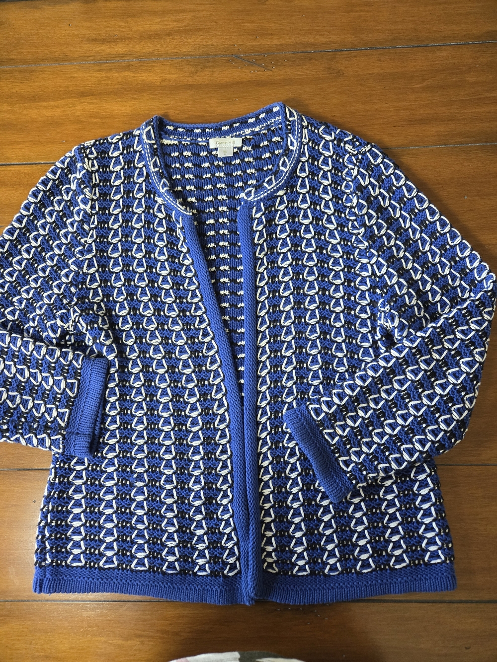 Garnet Hill Size M Blue Geometric Knit Open-Front Cardigan – 100% Cotton